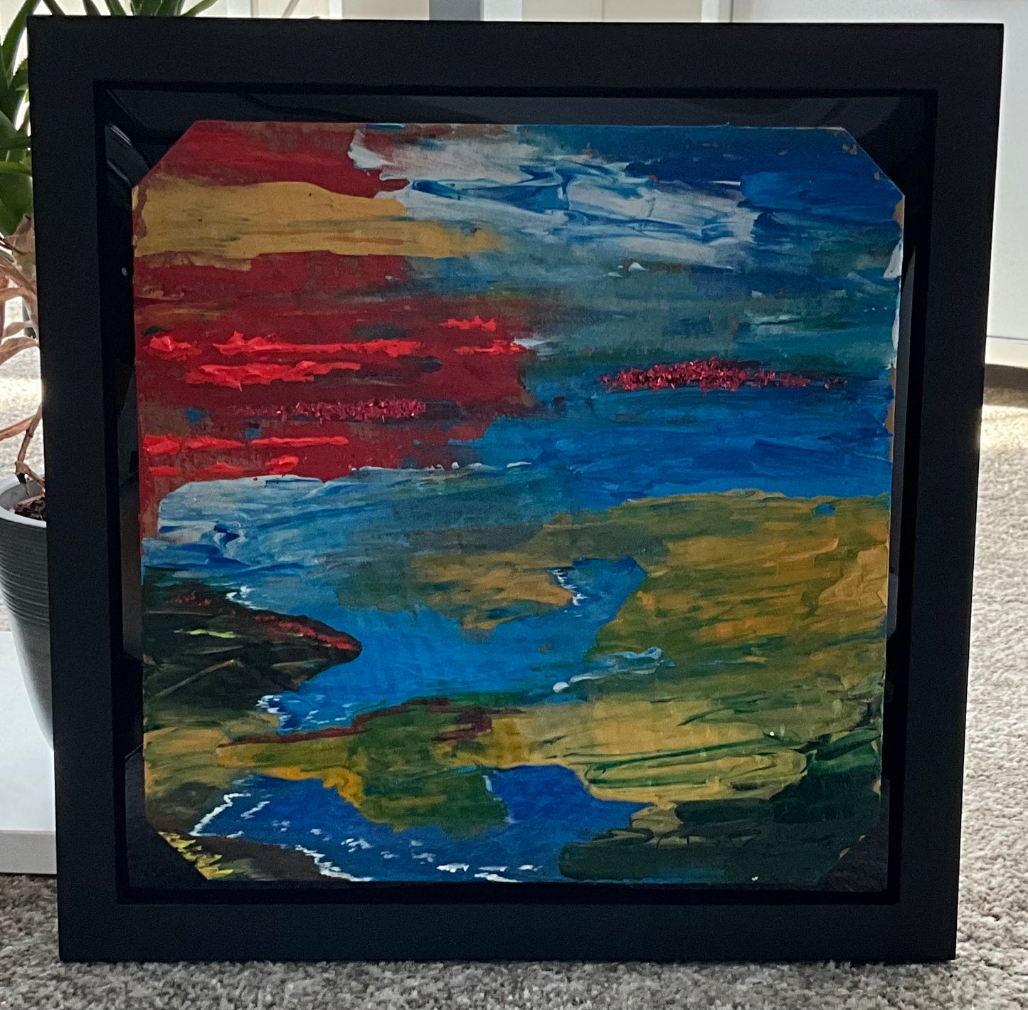 “Red Sky Reflection” 11”x11” Acrylic Painting on Cardboard Framed