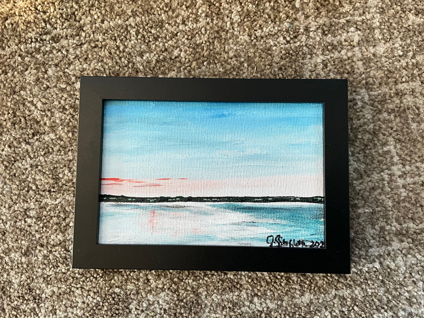 “Pink Morning” - 5”x7” Acrylic/Watercolor Painting Framed. Signed.