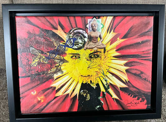 “Be Free Free Bee” - 12”x16” Digital Collage Embellished with Clear Acrylic in Floating Frame, Signed