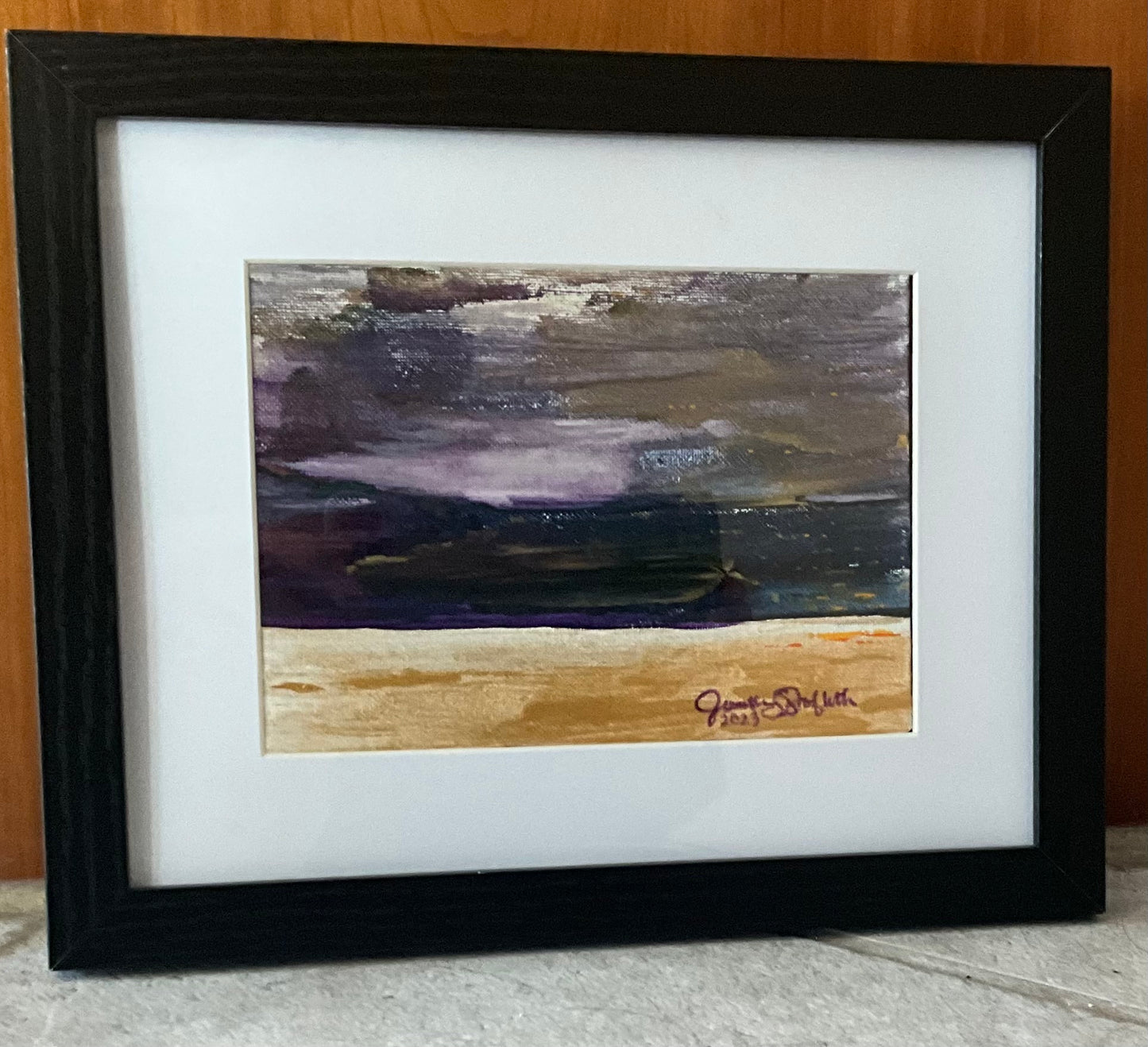 “Golden Purple Sunset” ~ 9”x11” Acrylic Painting on Canvas Framed/Matted. Signed.