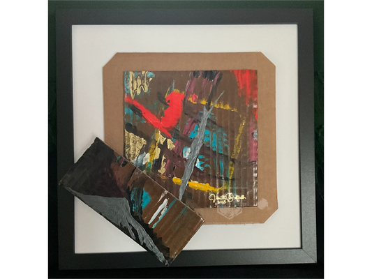 “Love Crossing in Sideways Mountain” - 12”x12” Acrylic Painting on Cardboard Framed.