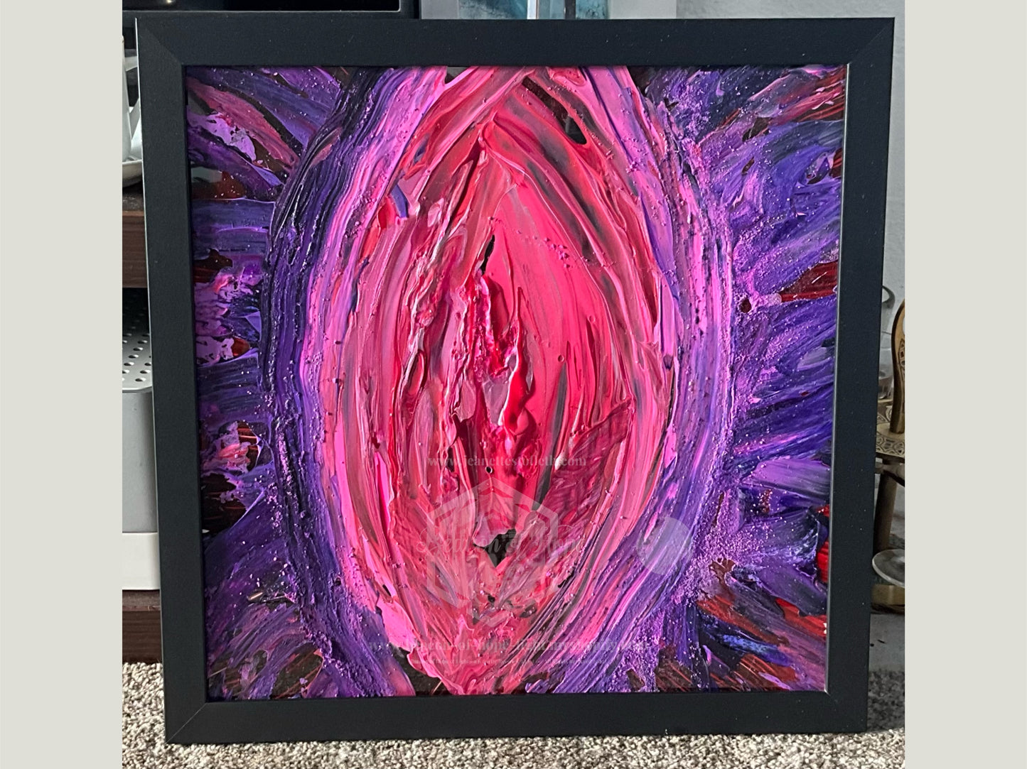 “Vagina Love” - 12”x12” - Acrylic Painting on Glass. (Glow in the Dark) Framed.