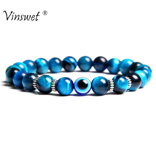 Evil Eye Bracelet - Natural Polished Stone with Blue Tiger Eye Pulsera Erkek Bileklik Homme